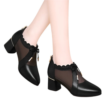 Zipper Pointed Toe Mesh Deep Low-heel Shoes