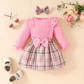 Fashion Baby Girls Fall Winter Outfit Long Sleeve Ribbed Romper Plaid Print Skirt Headband 3 Piece Warm Baby'S Clothes Set