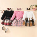 Fashion Baby Girls Fall Winter Outfit Long Sleeve Ribbed Romper Plaid Print Skirt Headband 3 Piece Warm Baby'S Clothes Set