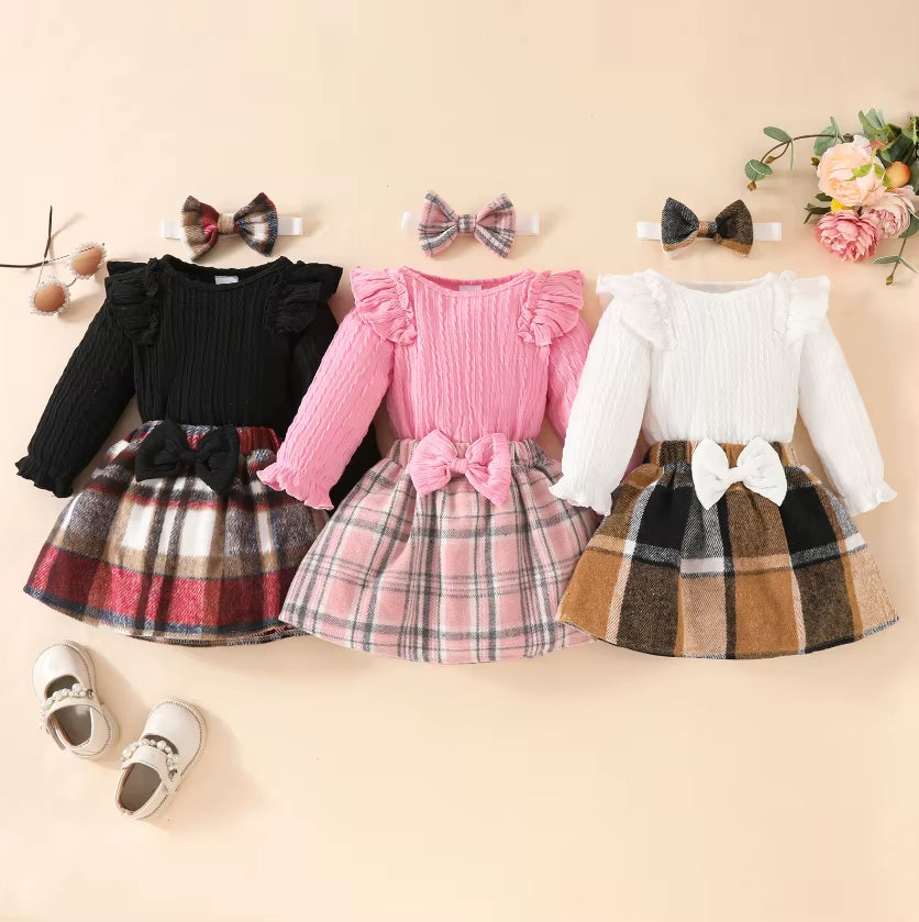 Fashion Baby Girls Fall Winter Outfit Long Sleeve Ribbed Romper Plaid Print Skirt Headband 3 Piece Warm Baby'S Clothes Set