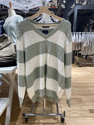 Loose Stitching Brown Stripe Twist V-neck Sweater