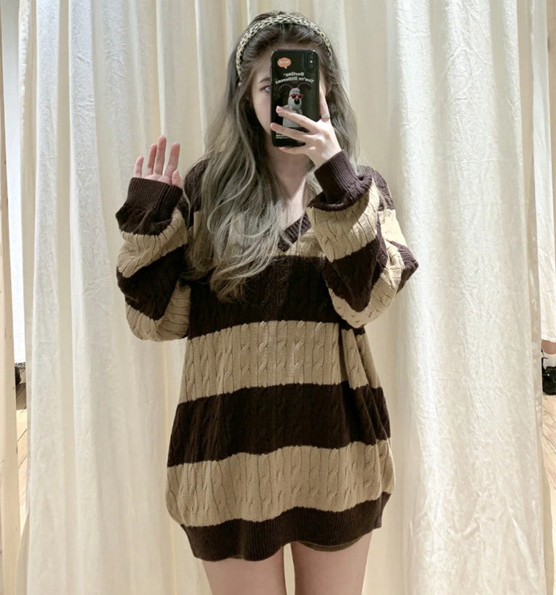 Loose Stitching Brown Stripe Twist V-neck Sweater